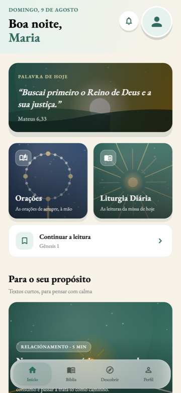 Tela inicial de fé do app, com a palavra do dia, as orações e a liturgia